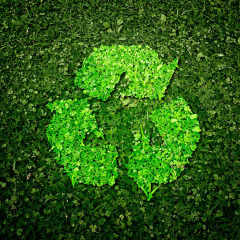 Recycle symbol formed with clovers in the grass