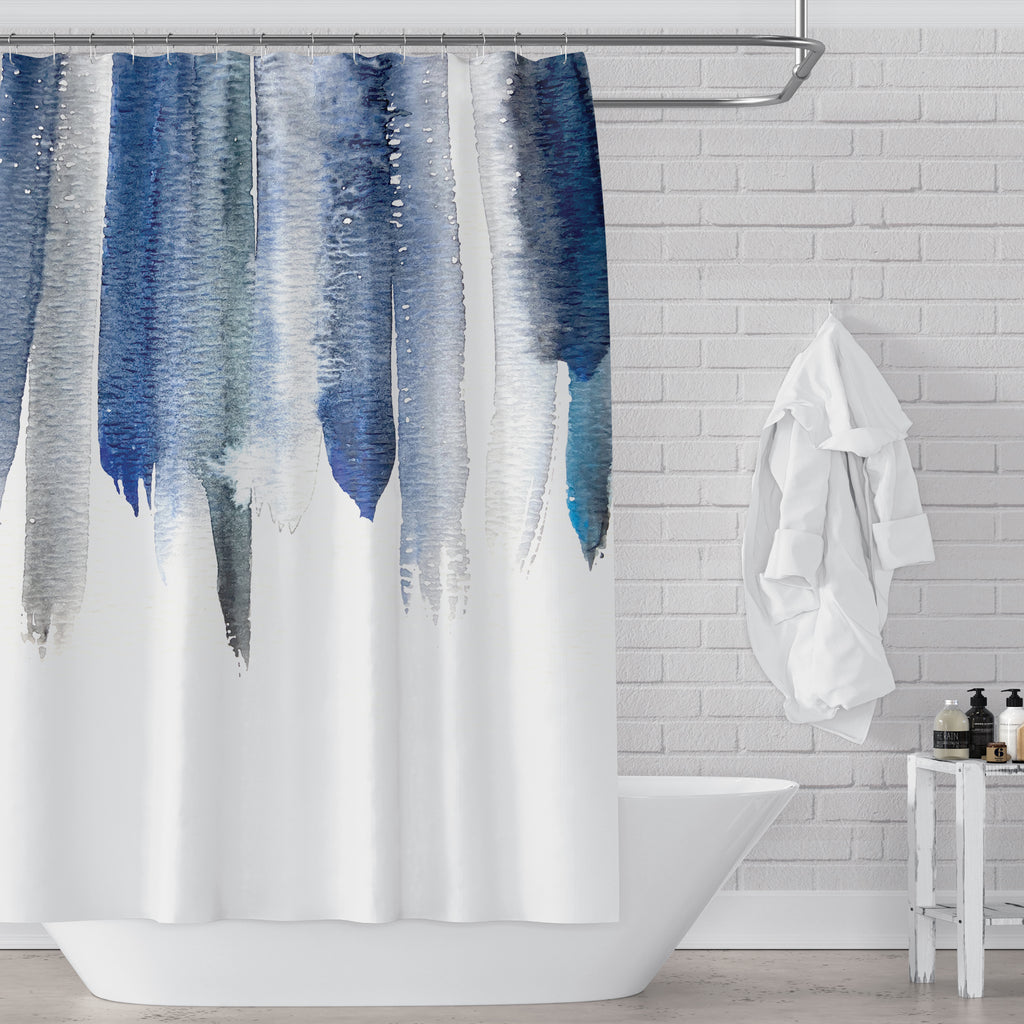 Deep Blue Watercolor Drops On White Abstract Contemporary Shower Curta Metro Shower Curtains