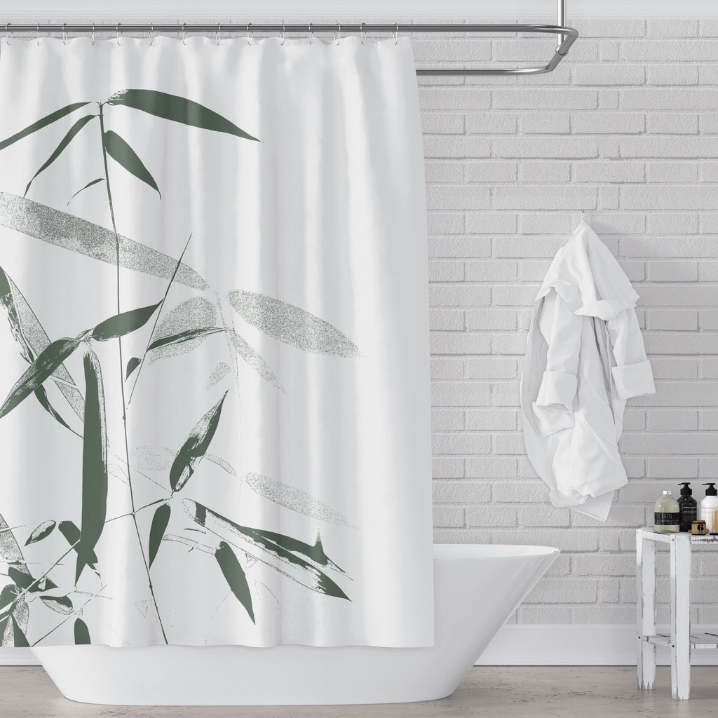 Green And White Bamboo Fabric Shower Curtain For Zen Bathroom