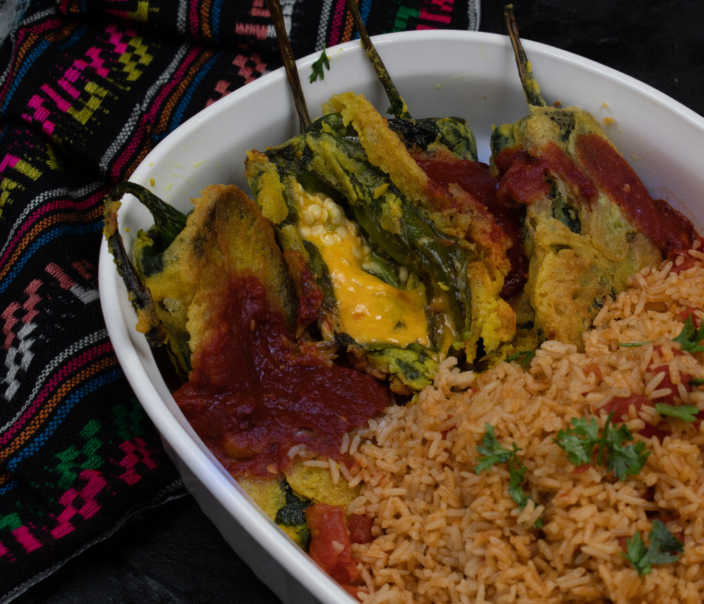 Turkey-Stuffed Chile Rellenos with Red Mole Sauce