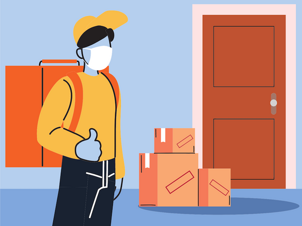 illustration of a masked delivery man giving a thumbs up next to delivered boxes