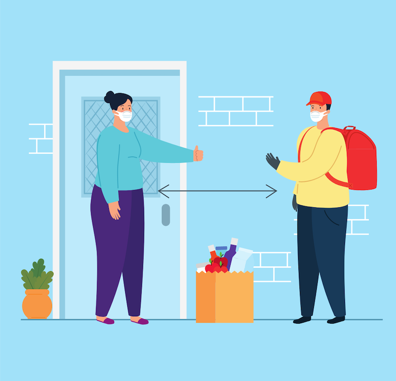 illustration of a delivery man meeting a woman at the front door with masks on