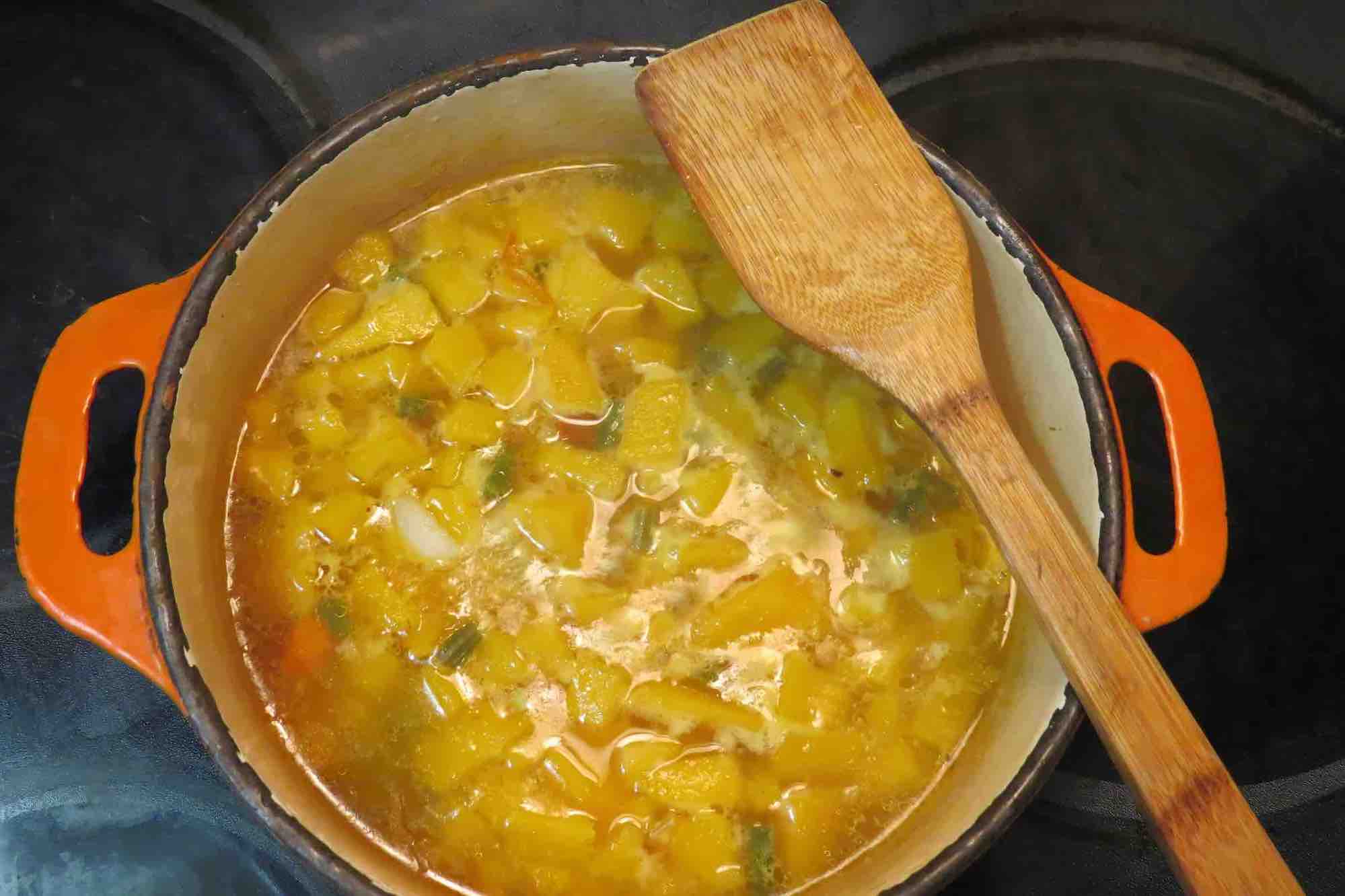 Pot on stove with butternut squash and vegetables stewing