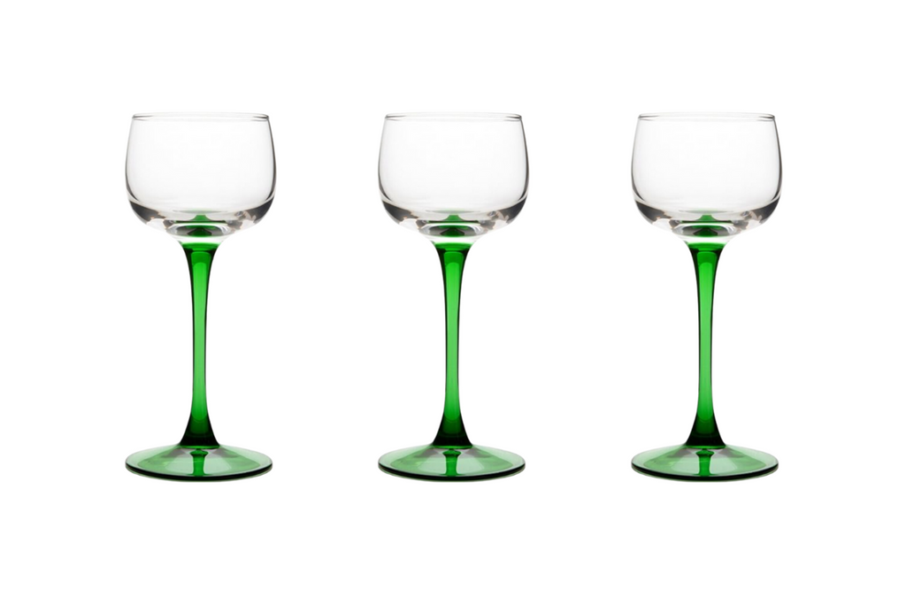 Vintage Alsatian Wine Glasses with Emerald Green Stems - Set of 6