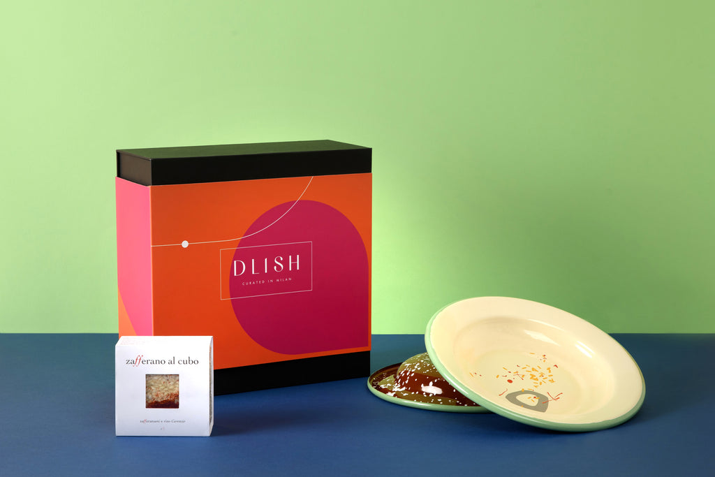DLISH’s Risotto Gift Box comprises a premium risotto cube and two colourful plates.