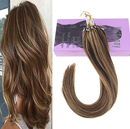 Vesunny 16inch Remy Micro Extensions Human Hair Dark Brown Highlighted With Caramel Blonde Silky Straight Micro Loop Human Hair Extensions 1g S 50