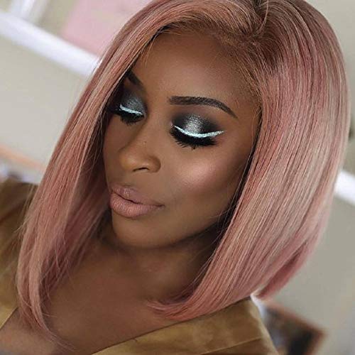 Oley Hair Short Soft Bob Hair Mixed Pink Color Synthetic Wigs For Women Ladies Girls Rose Gold Lace Front Wig Middle Part High Temperature Party Bobo