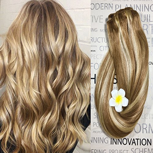 Clip In Hair Extensions Human Hair Dirty Blonde Highlights 16 Inch