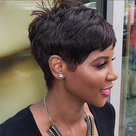 Nature Pixie Cut Black Short 100 Human Hair Wigs Zaza141