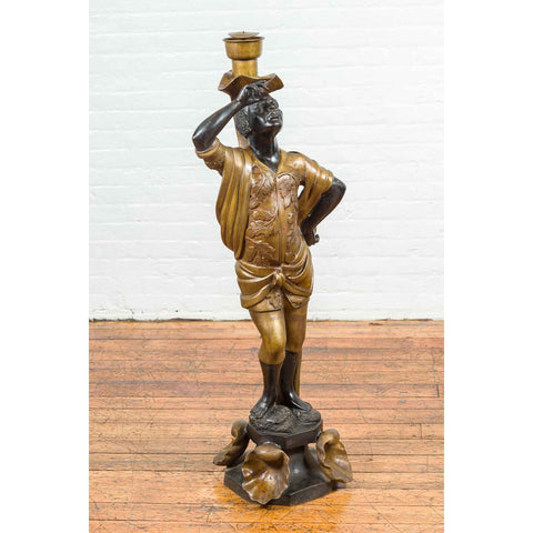 Vintage Bronze Candleholder Statue with Black and Gold Patina, on Shell Base