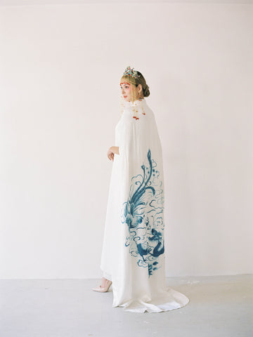 Modern Wedding Cheongsam Qipao Dress For Chinese Tea Ceremony, Phoenix Dragon Embroidery Guo Cape