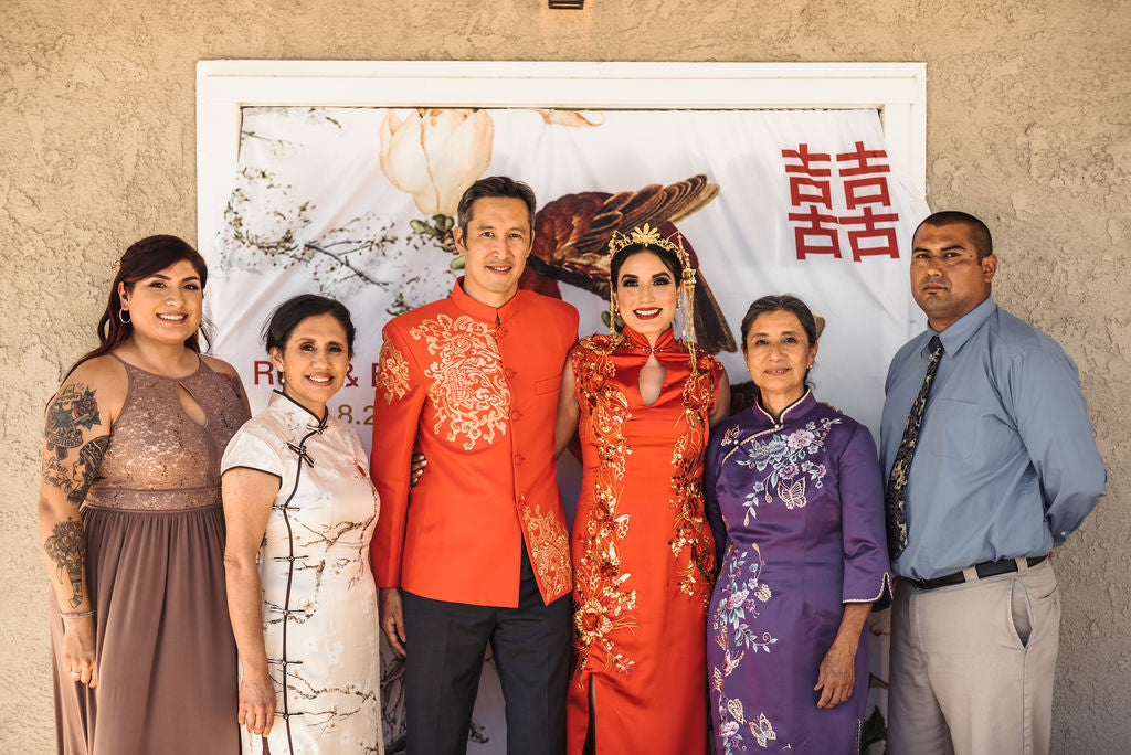 Multicultural Chinese and El Salvadoran Wedding with Modern Cheongsams