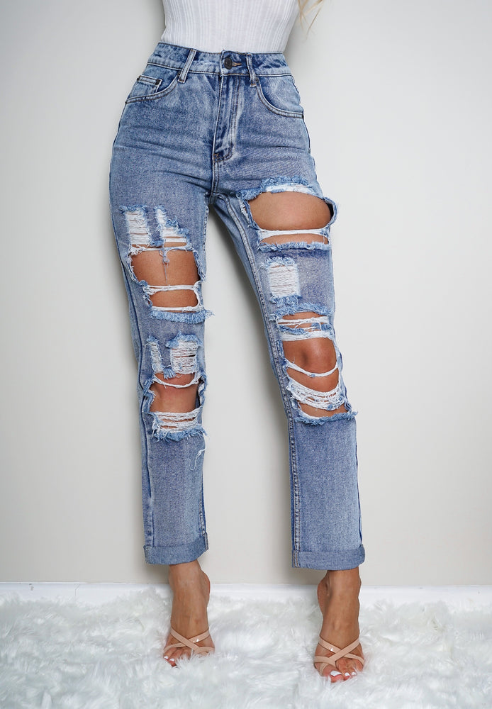 blue extreme ripped jeans