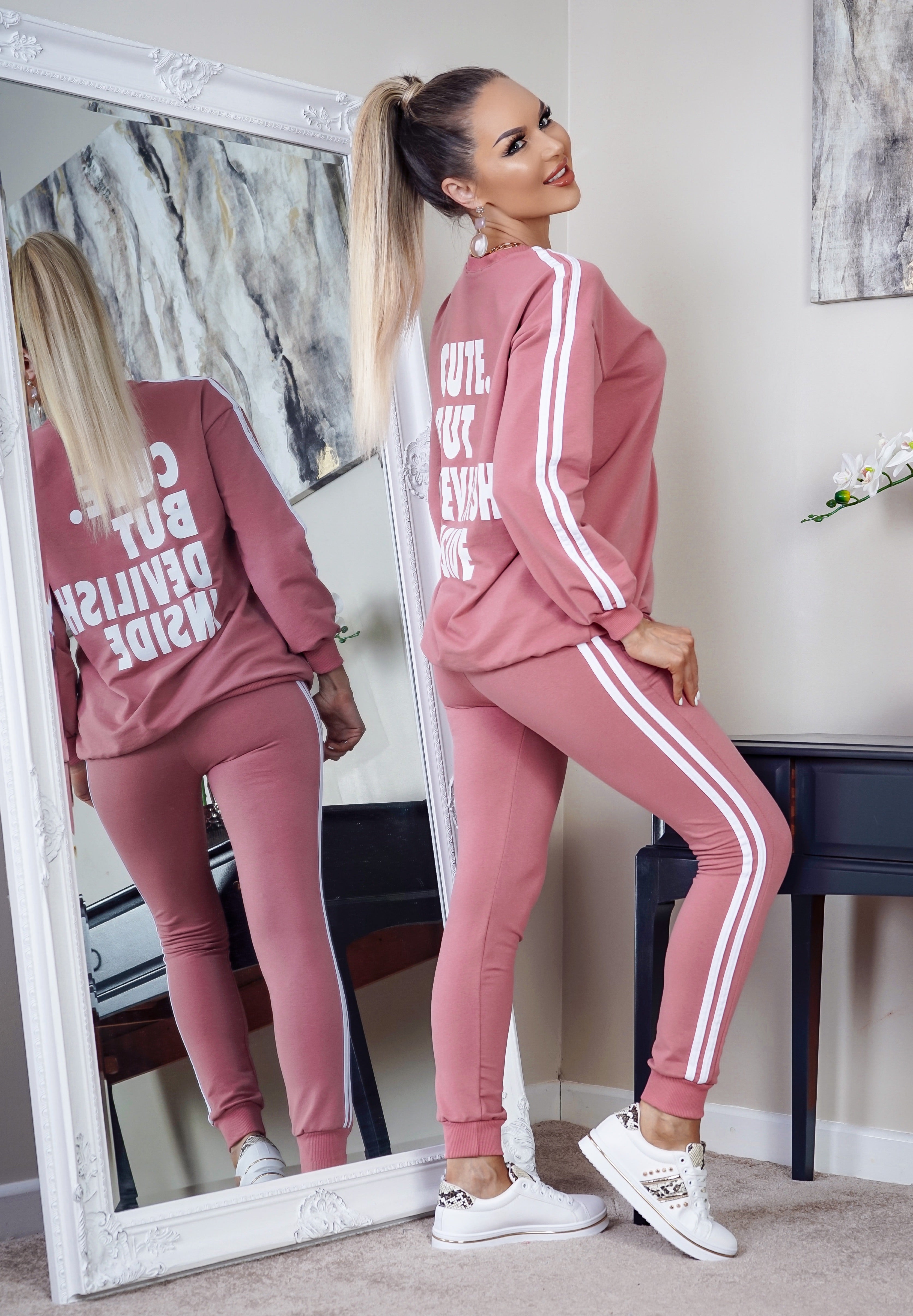 Pink 'Cute But Devilish' Stripe Tracksuit | Missfiga.com