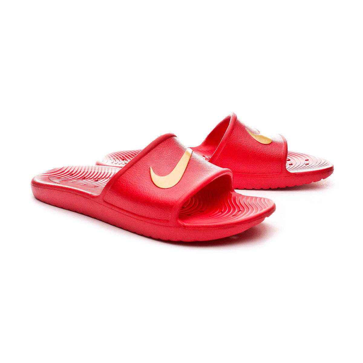 red and gold nike slides