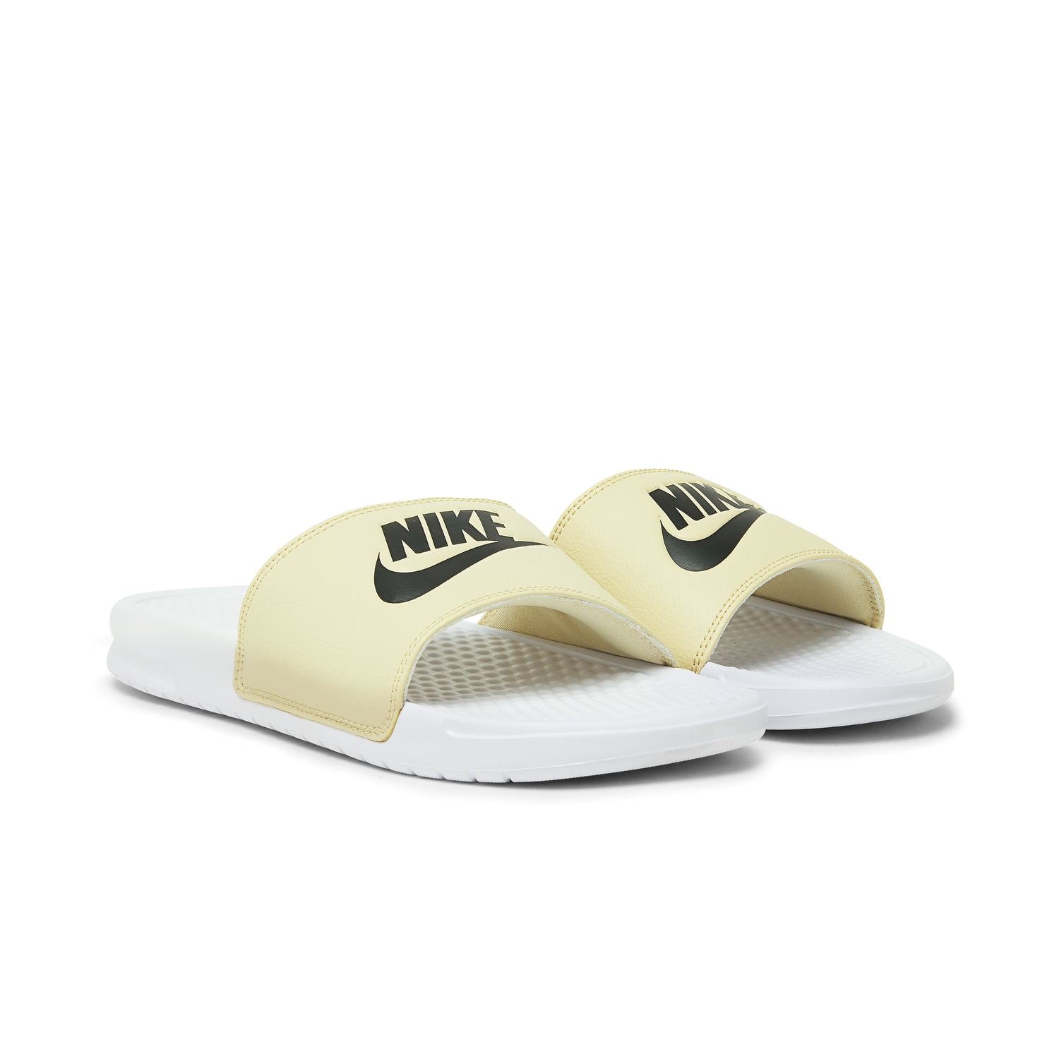 white and gold nike slides