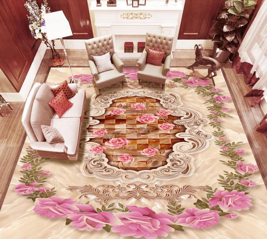 Custom 3d Flooring Murals Photo Floor Wallpapers For Living Room Bedroom Rose Pattern Romantic 3d Wallpaper Walls