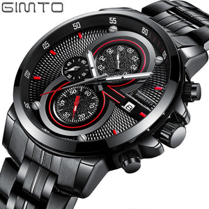 Luxury Brand GIMTO Men Casual Watch Stylish Black Stainless Steel Unique Chronograph Waterproof Business Sport Male Wristwatch