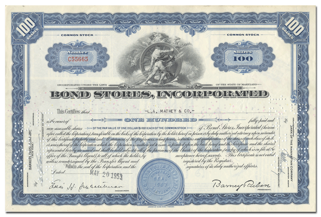 Bond Stores, Incorporated Stock Certificate - Ghosts of Wall Street