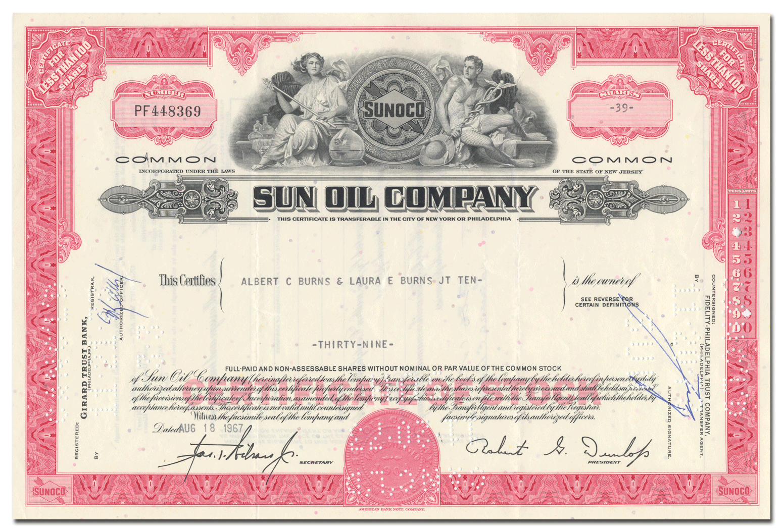 Stocks Bonds Scripophily Sunoco Sun Oil Company Stock Certificate Oil Gas