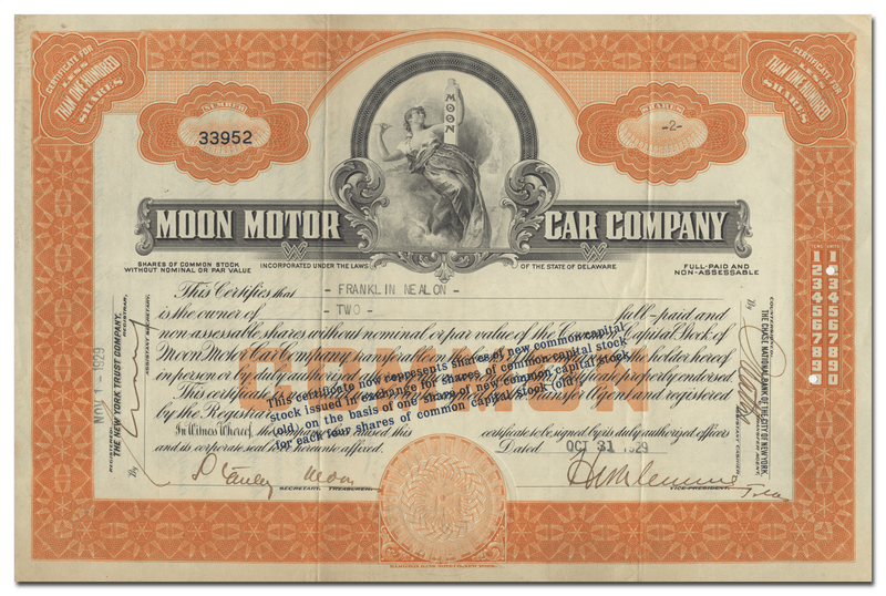 Moon Motor Car Company Stock Certificate