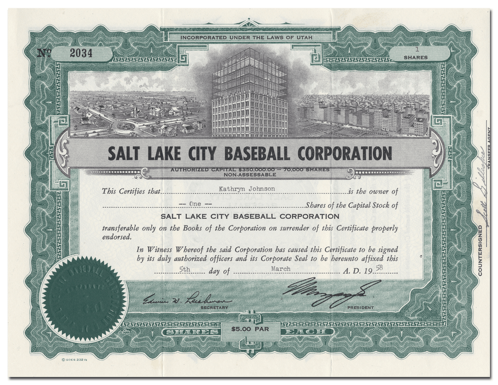 Salt Lake City Baseball Corp Stock Certificate Ghosts of Wall Street