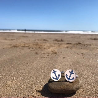 Silver t-bar Cufflinks with Blue Anchors on beach, Kate Wimbush Jewellery