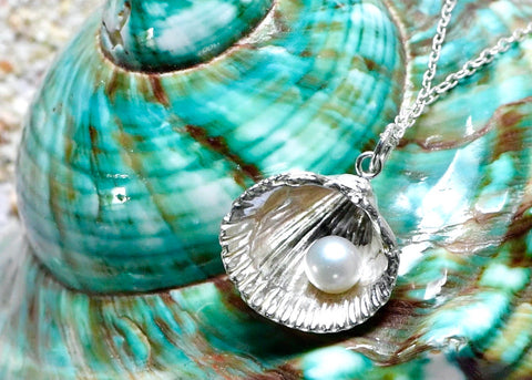Large silver cockle shell pendant with freshwater pearl  on green shell, by Kate Wimbush Jewellery