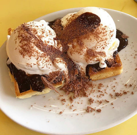 Waffles, vanilla ice cream and chocolate sauce at Harbour Bar, Scarborough