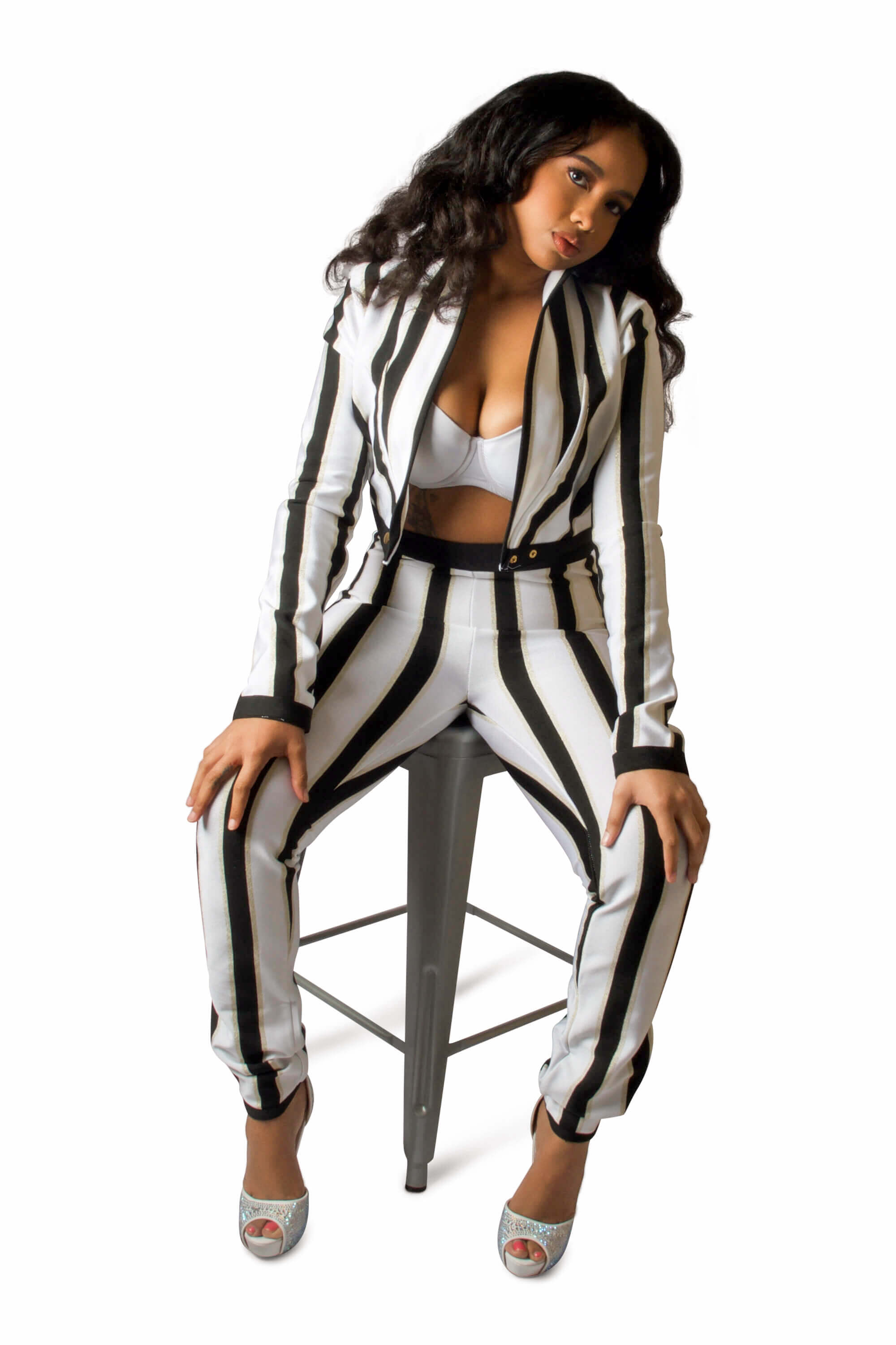 black and white striped two piece pants set