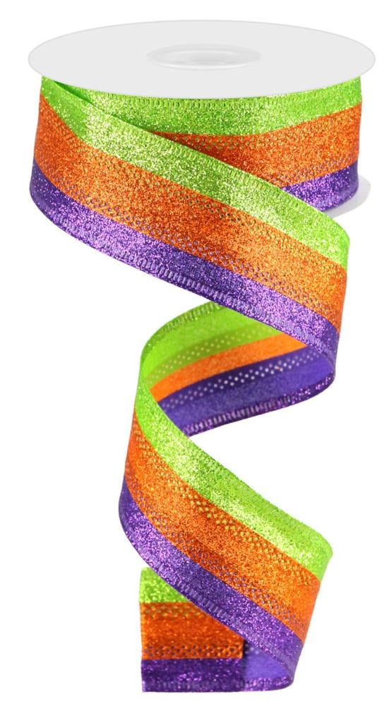 1.5" Lime, Purple, Orange Glitter Stripe Ribbon - Designer DIY