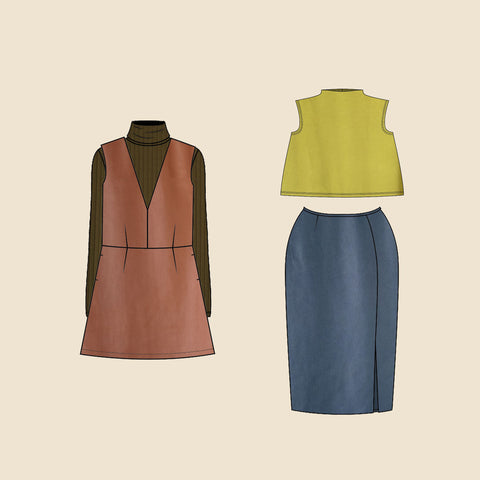 The Seamwork Dani Pinafore with the Style Arc Alexi Top (left) and the Muna and Broad Atrax Top with the Seamwork Pauline Skirt (right)