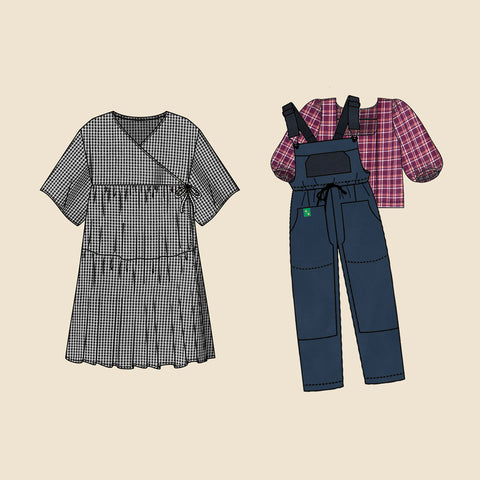 The Hubba Ding Poppy Dress (left) and the Ready to Sew Partner Overalls with the Les Perlines Waverly Top (right)