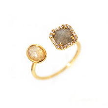 Load image into Gallery viewer, Adjustable Gold Ring with Labradorite and Cats Eye Stone