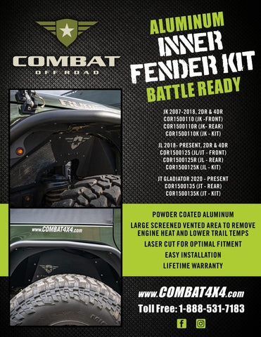 Combat Off Road Aluminum Inner Fender Sell Sheet with vehicle fitment information