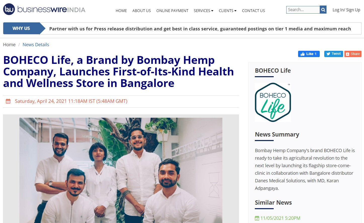 BOHECO Life, a Brand by Bombay Hemp Company, Launches First-of-Its-Kind Health and Wellness Store in Bangalore, BusinessWire India, 24th April 2021