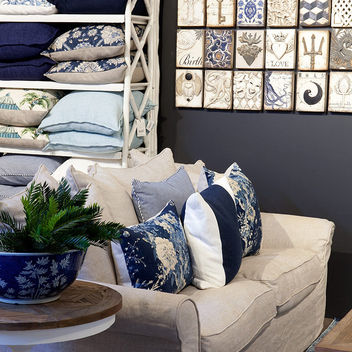 Blue and white cushions on lounge.