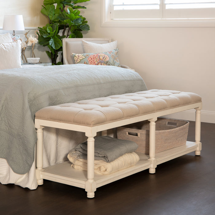 white upholstered bedroom bench