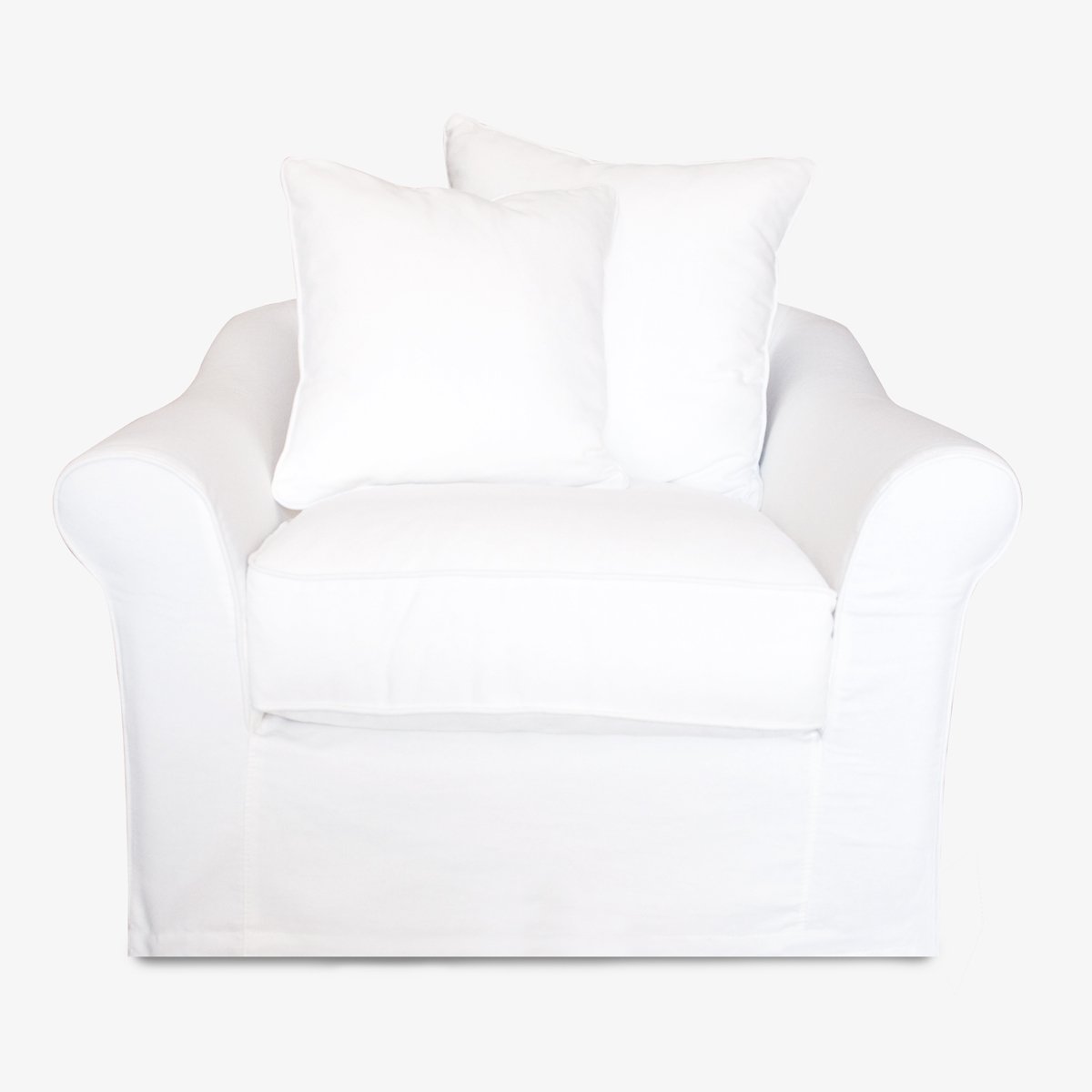 white slipcovered swivel chair