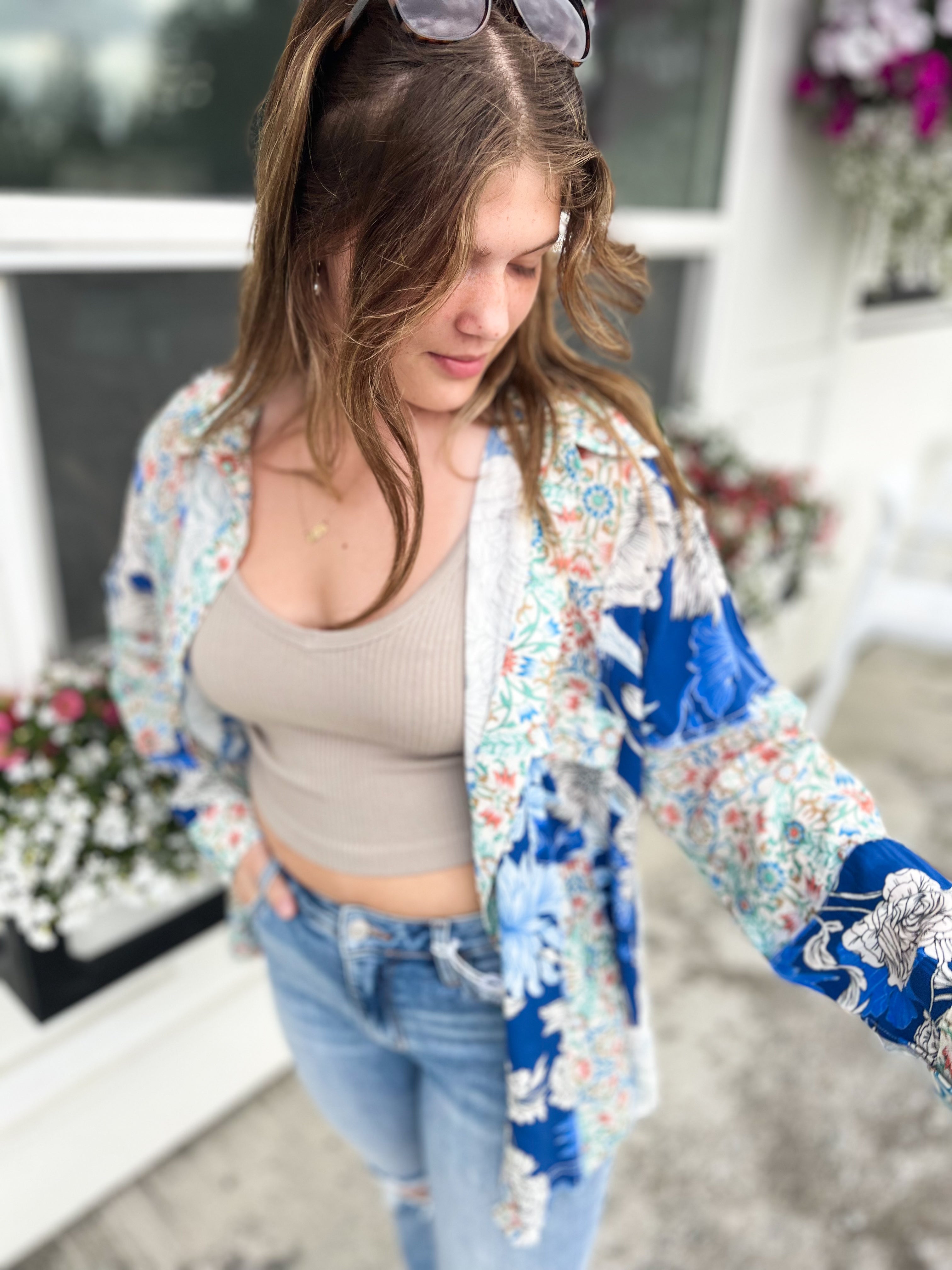 Gia Mixed Floral Print Button Down- Blue Multi