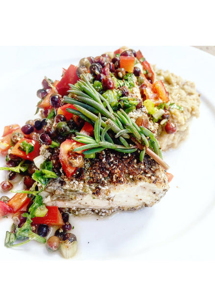 Warndu Australian Native | Chia Crusted Barramundi with Muntrie Salsa and Chickpea Mash