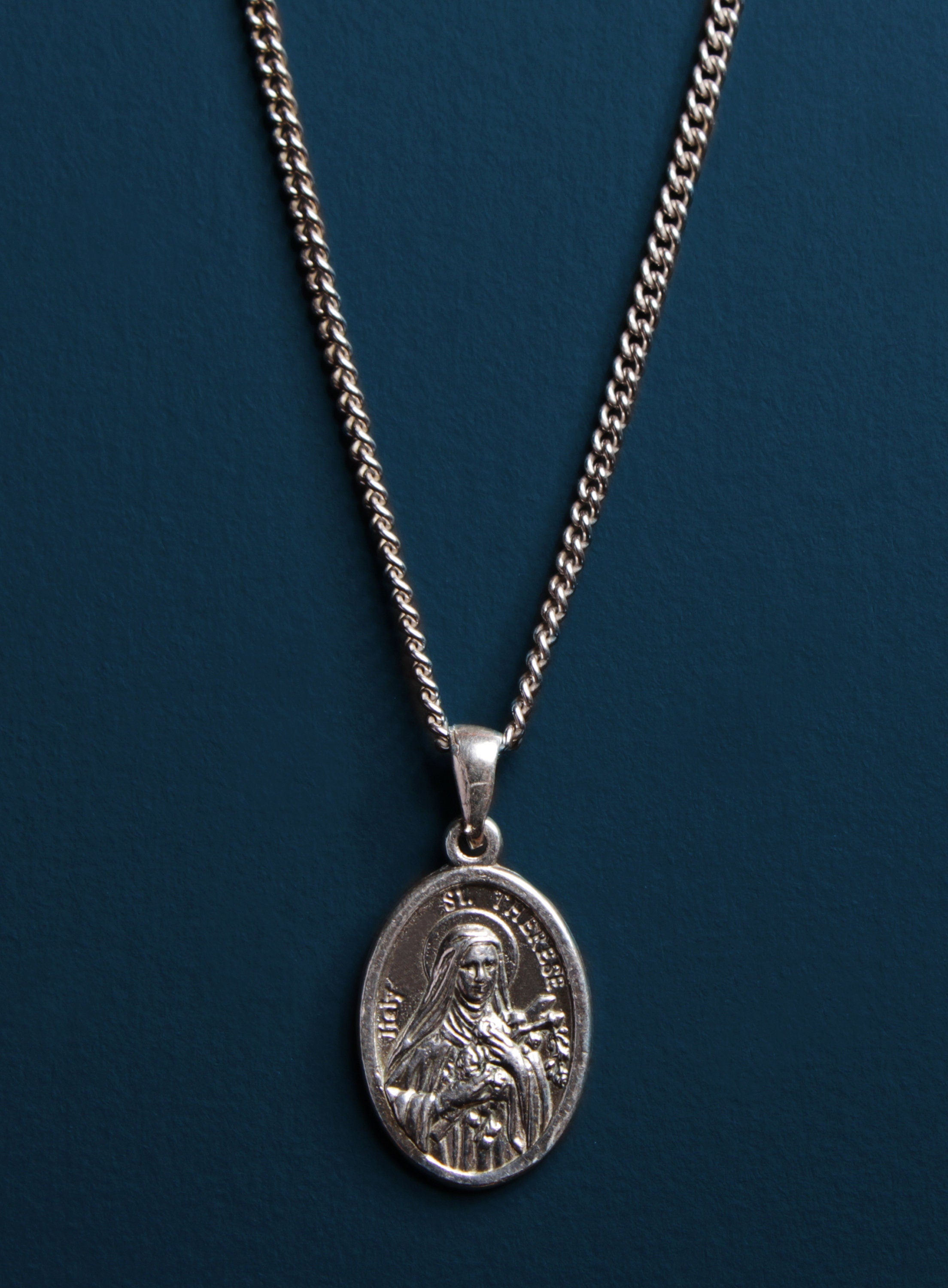 St Therese Sterling Silver Oval Medal Necklace
