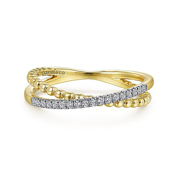 Gabriel & Co. - LR51463Y45JJ - 14K Yellow Gold Beaded Pav‚ Diamond Criss Cross Ring