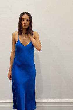 blue silk slip dress