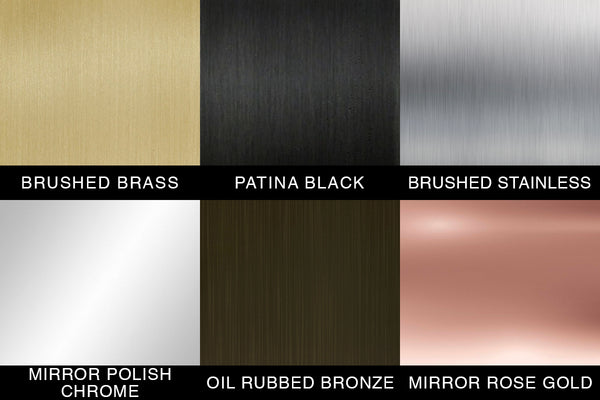 metal finishes, brushed brass, patina black, brushed stainless steel, chrome, oil rubbed bronze, rose gold