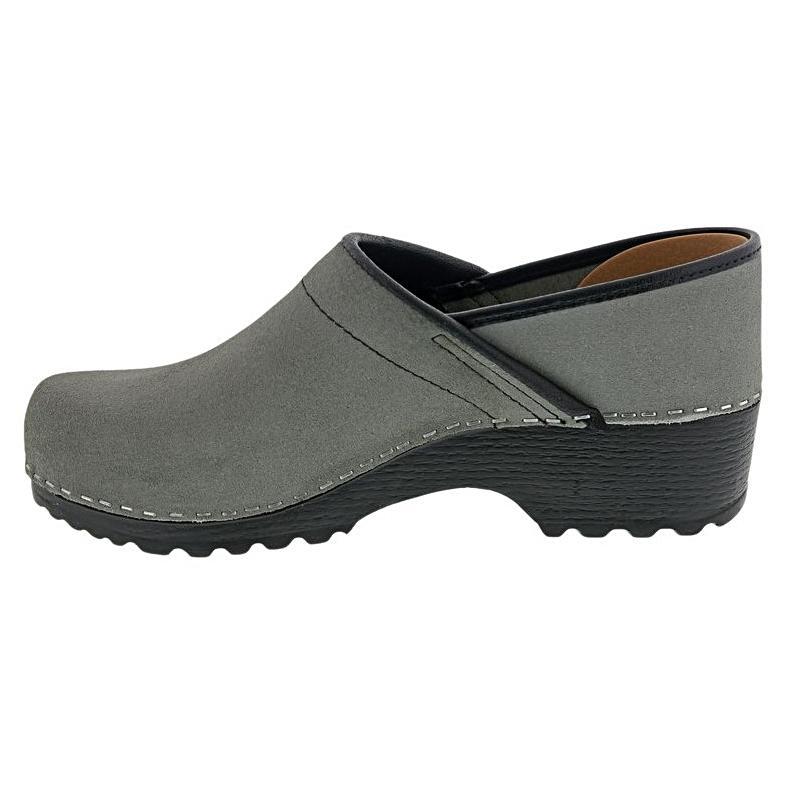 gray suede clogs