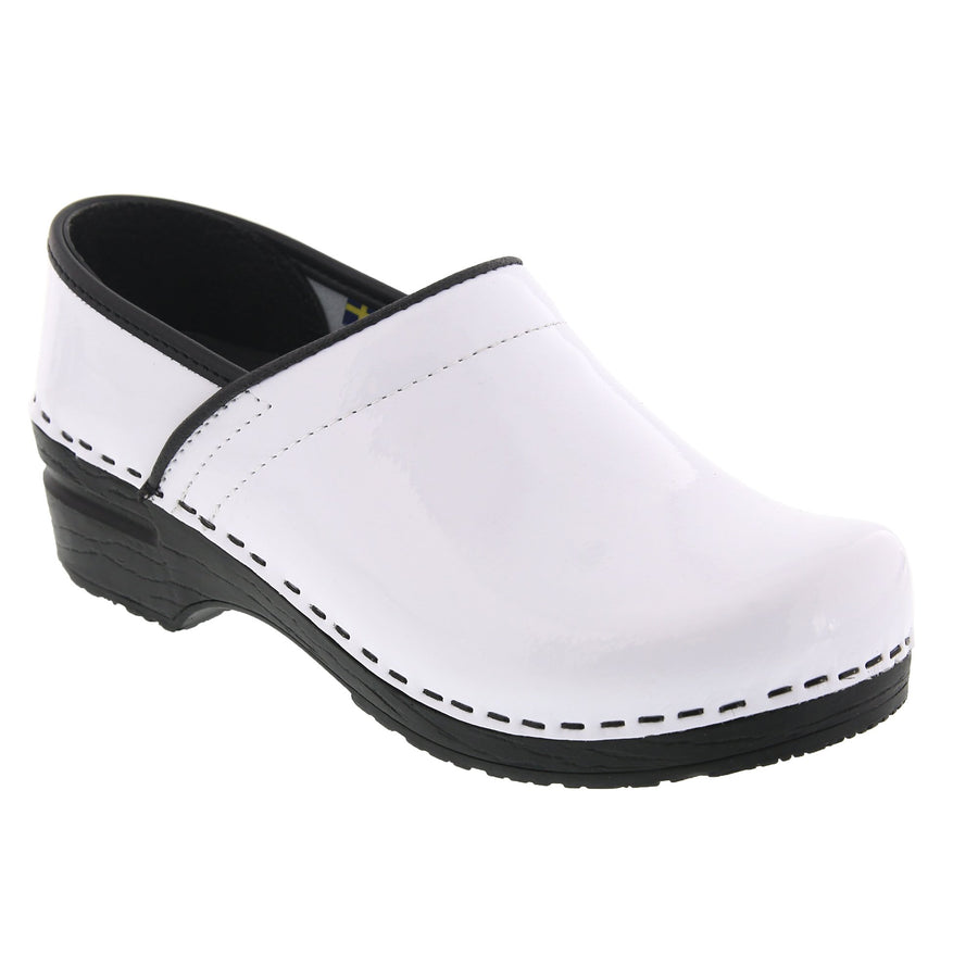 white leather clogs