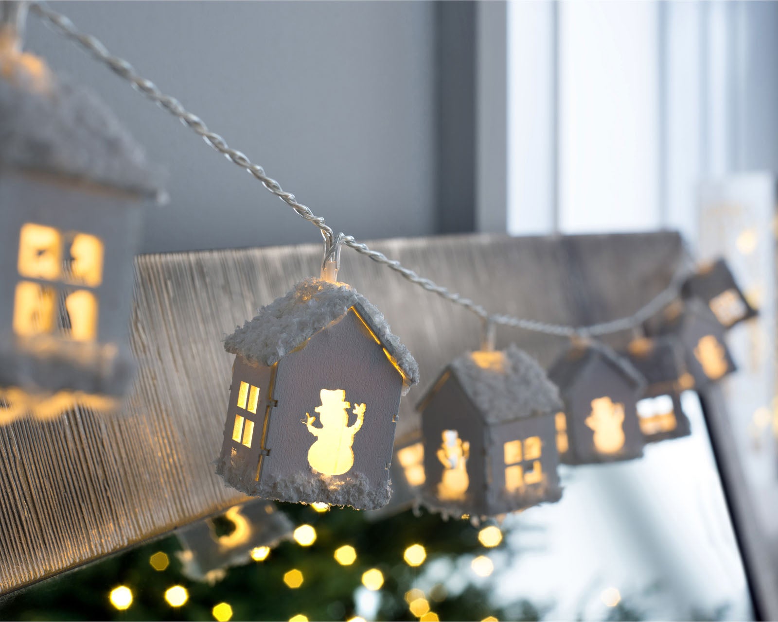 wooden house string lights