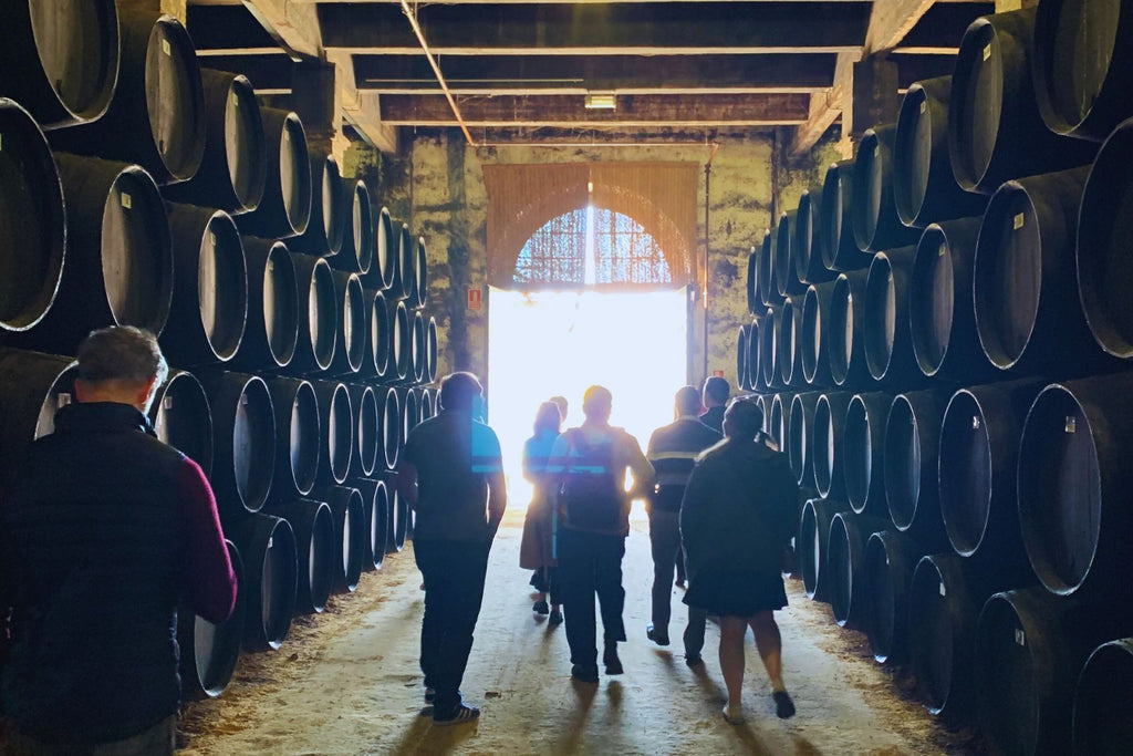 Visitors to a Sherry Bodega in Jerez, walking between stacks of ageing barrels