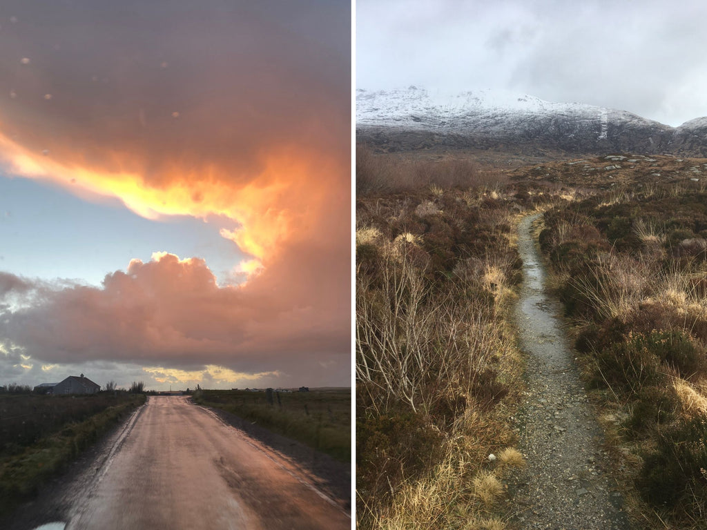 two images side by side, one of a wet road leading into the distance with dramatic orange light spilling from the clouds above, and another of a small gravel track leading through moorland towards snow topped mountains